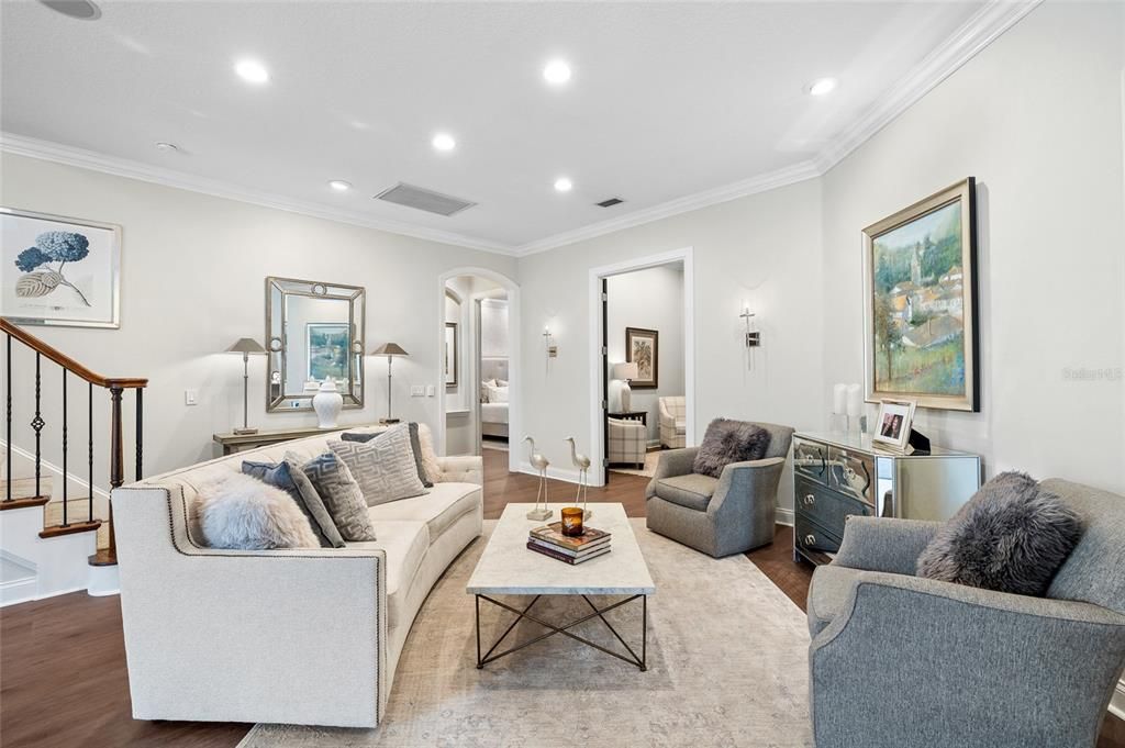 Interior, Living room, Recessed Lighting, Wood Texture Flooring