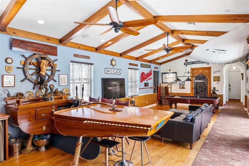 Billiard Table, Game Room, Interior, Recessed Lighting, Wooden Beams, Wood Texture Flooring