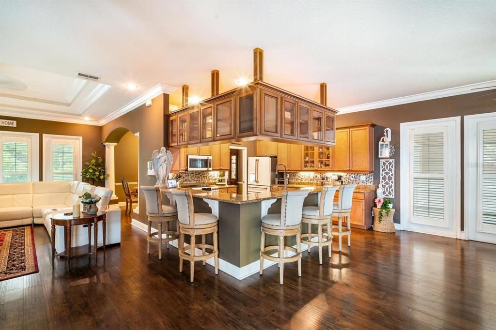 Dining room, Interior, Kitchen, Living room, Recessed Lighting, Wood Texture Flooring