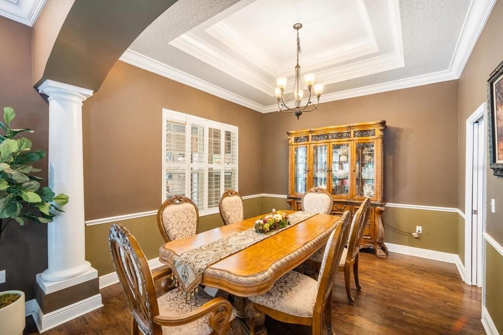Chandelier, Dining room, Interior, Wood Texture Flooring