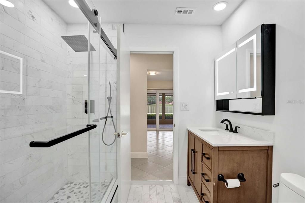 Bathroom, Glass Shower, Interior, Marble Walls, Recessed Lighting