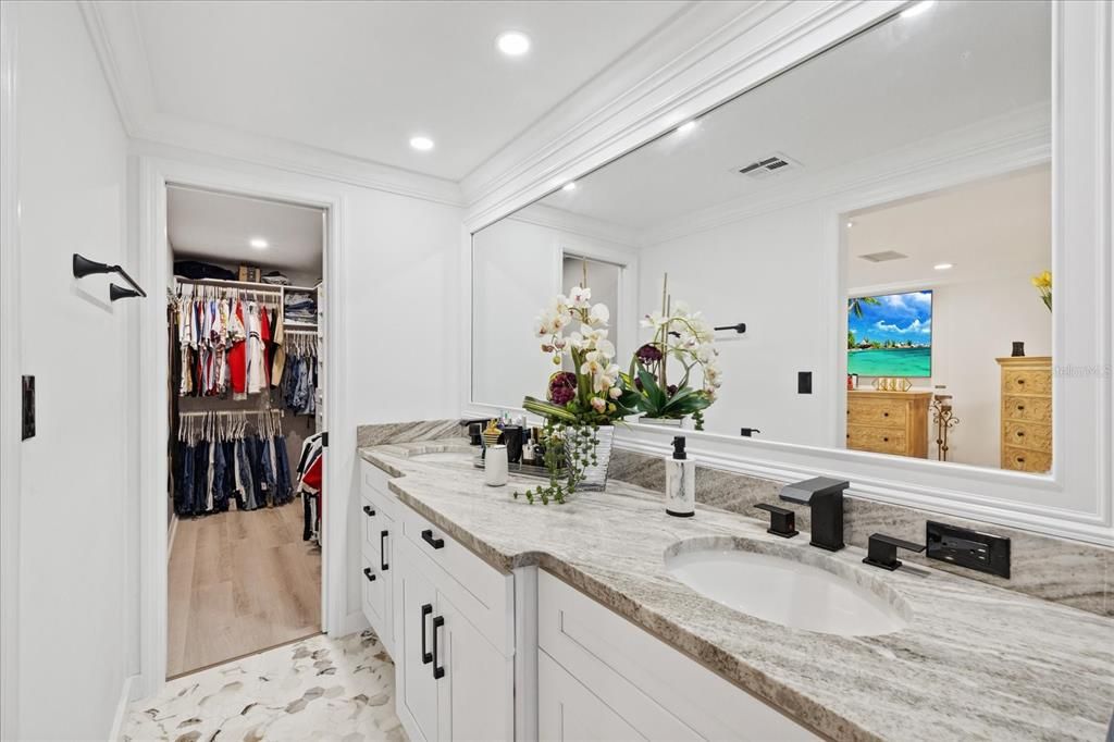 Bathroom, Dual Sink Vanities, Interior, Recessed Lighting, Walk-in Closets, Wood Texture Flooring