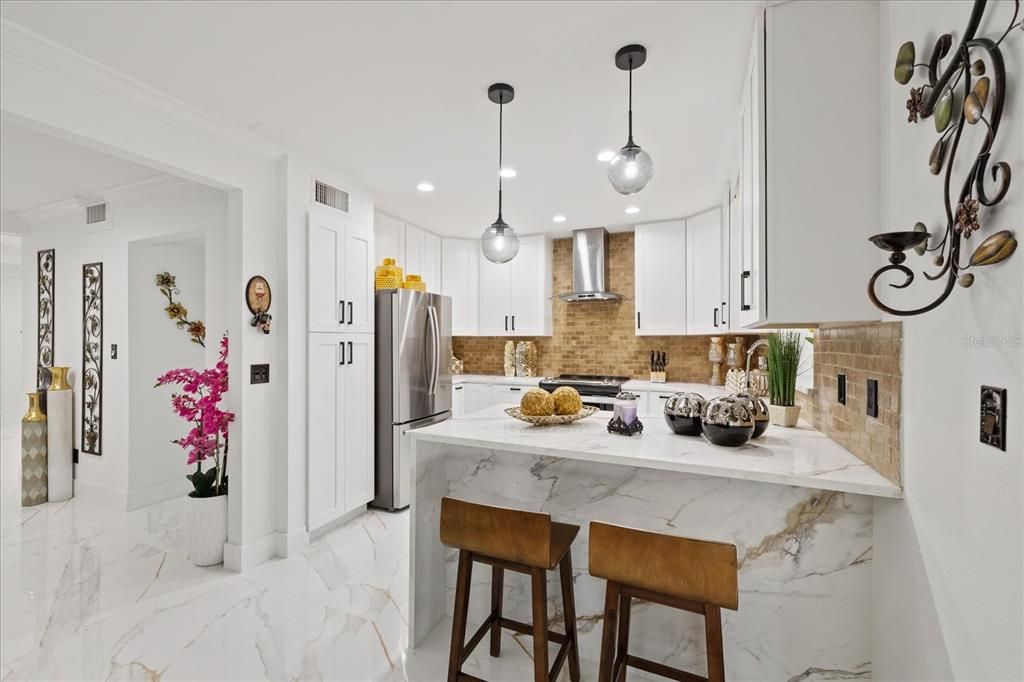 Interior, Kitchen, Marble, Pendant Lights, Recessed Lighting, Stainless Steel Appliances