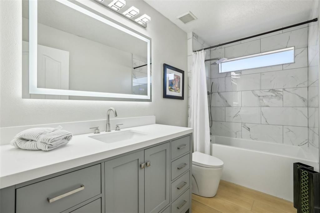 Bathroom, Interior, Marble Walls, Wood Texture Flooring