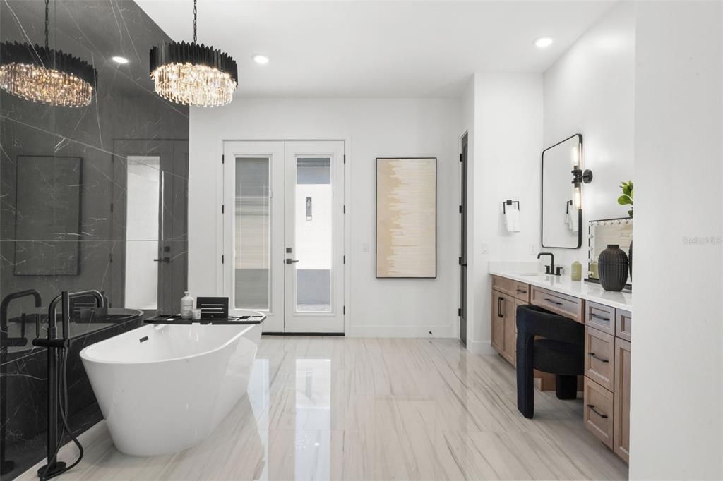 Bathroom, Chandelier, Dual Sink Vanities, Free Standing Baths, Interior, Marble, Recessed Lighting