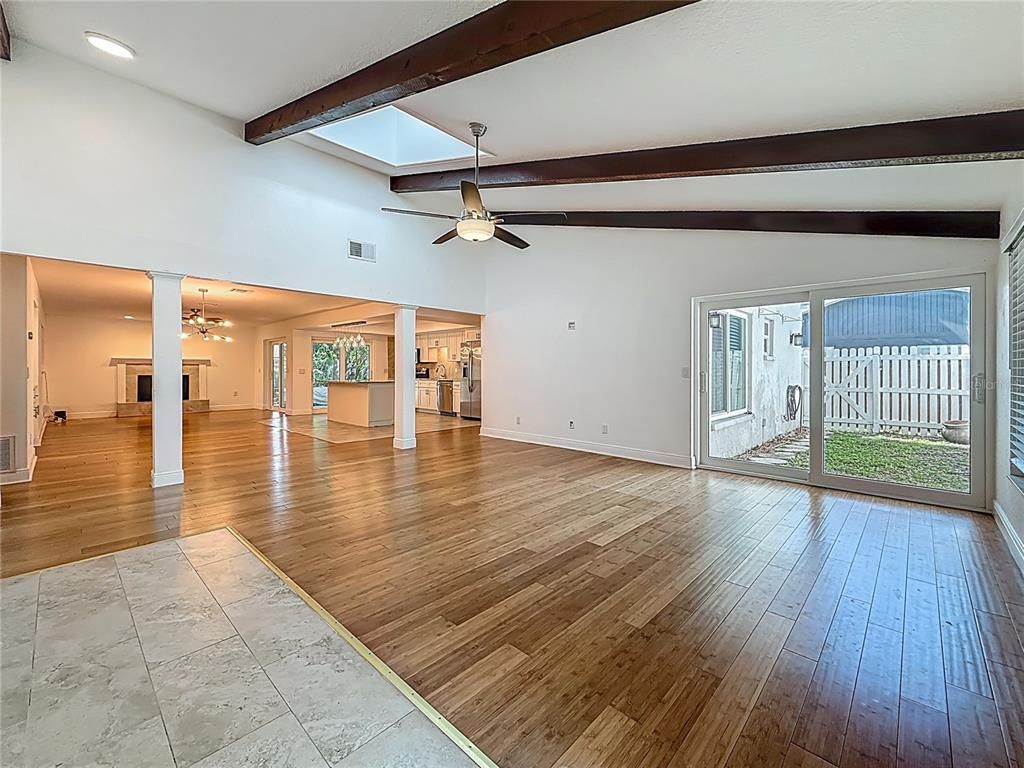 Empty room, Interior, Recessed Lighting, Wooden Beams, Wood Texture Flooring