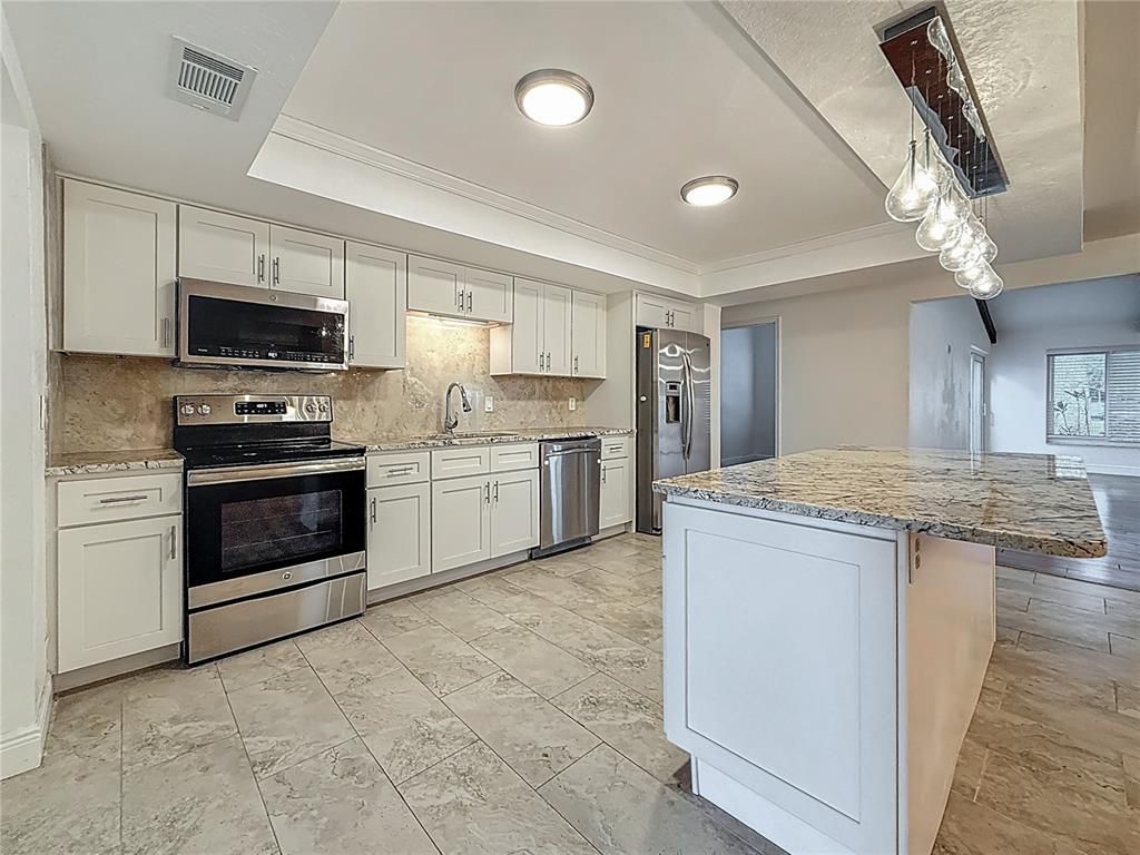 Interior, Kitchen, Marble, Recessed Lighting, Stainless Steel Appliances