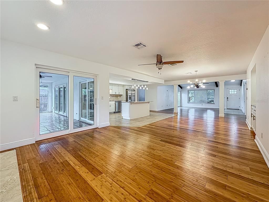 Empty room, Interior, Kitchen, Pendant Lights, Recessed Lighting, Wood Texture Flooring