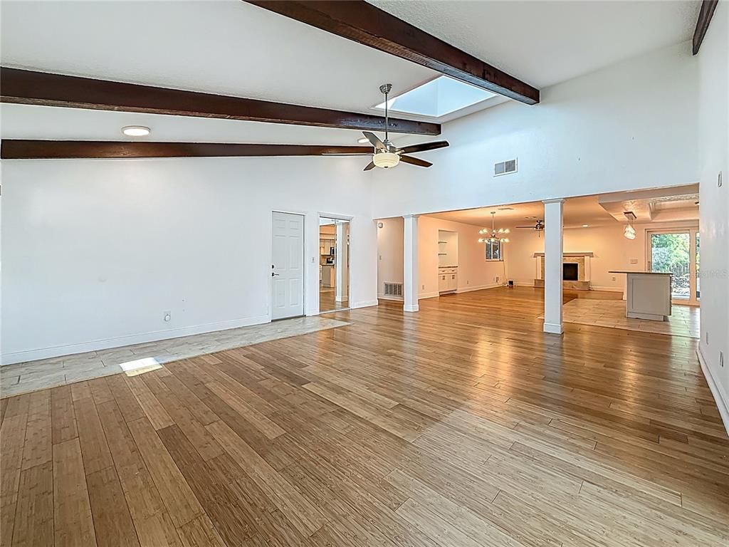 Empty room, Interior, Recessed Lighting, Wooden Beams, Wood Texture Flooring