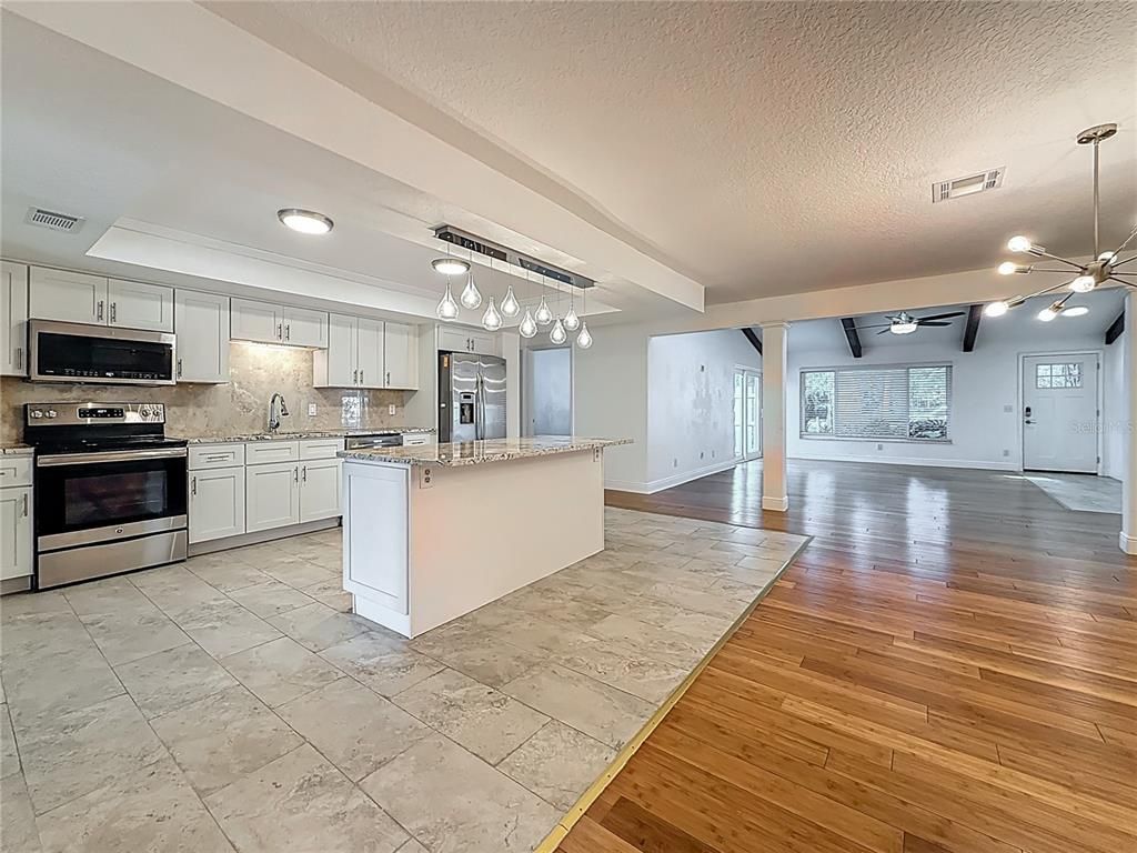 Interior, Kitchen, Pendant Lights, Stainless Steel Appliances, Wood Texture Flooring