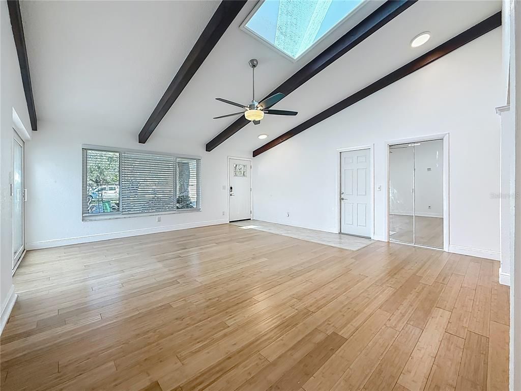 Empty room, Interior, Recessed Lighting, Wooden Beams, Wood Texture Flooring