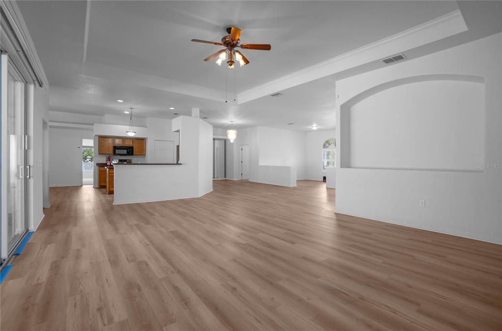 Empty room, Interior, Kitchen, Pendant Lights, Recessed Lighting, Wood Texture Flooring