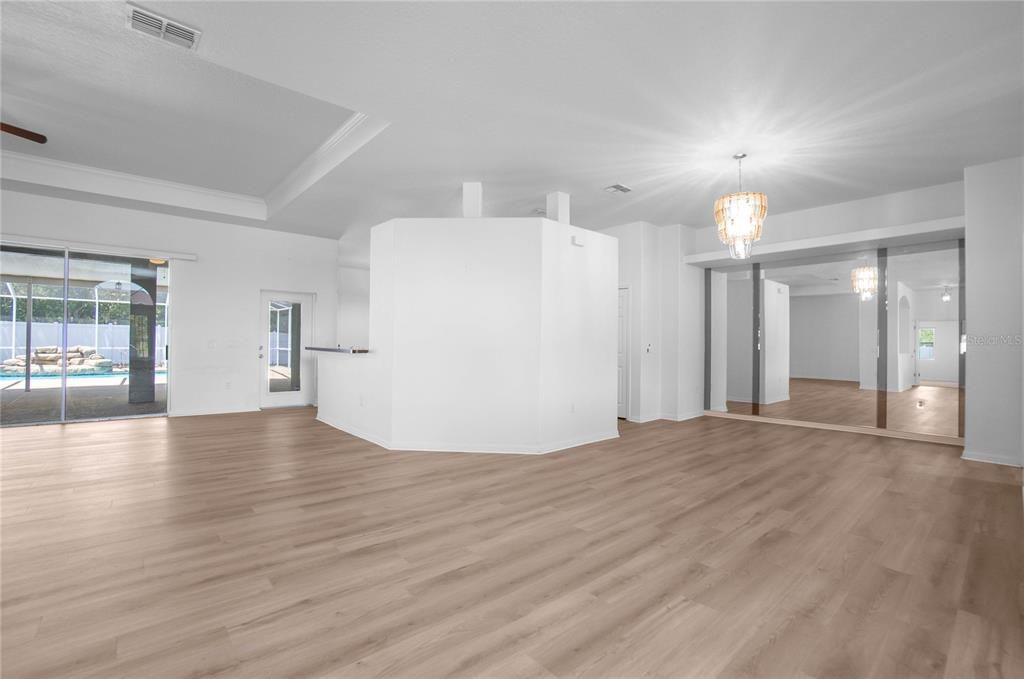 Chandelier, Empty room, Interior, Wood Texture Flooring