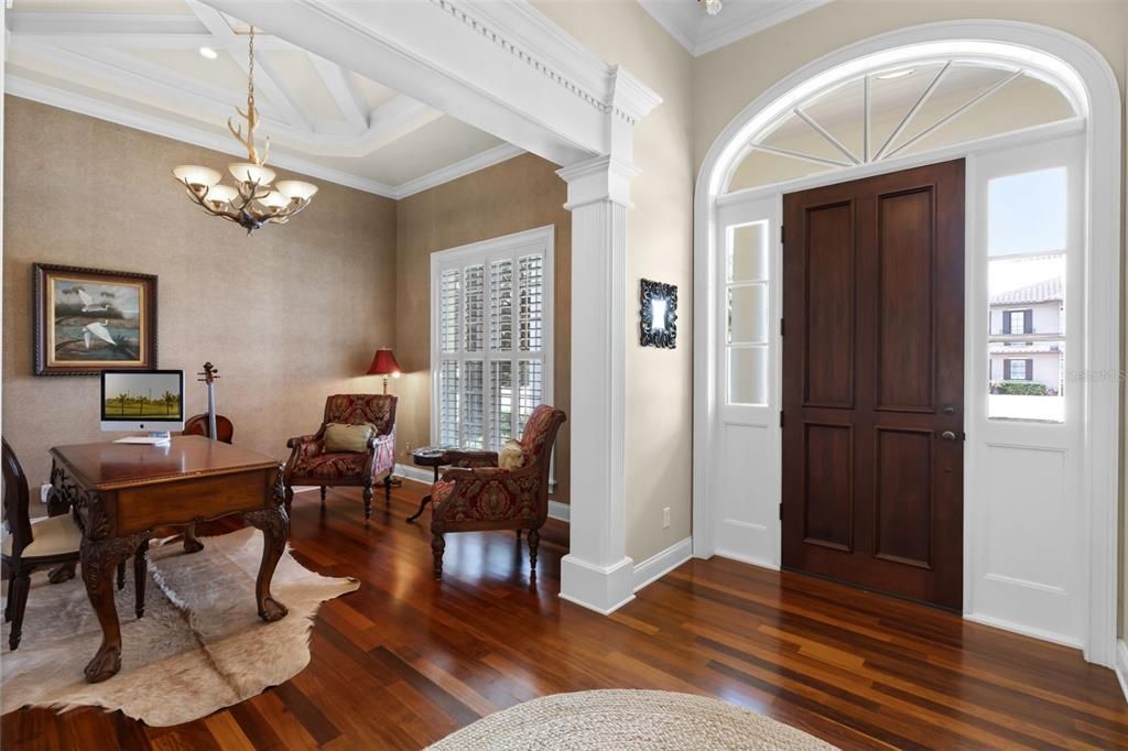 Chandelier, Home Office, Interior, Recessed Lighting, Wood Texture Flooring