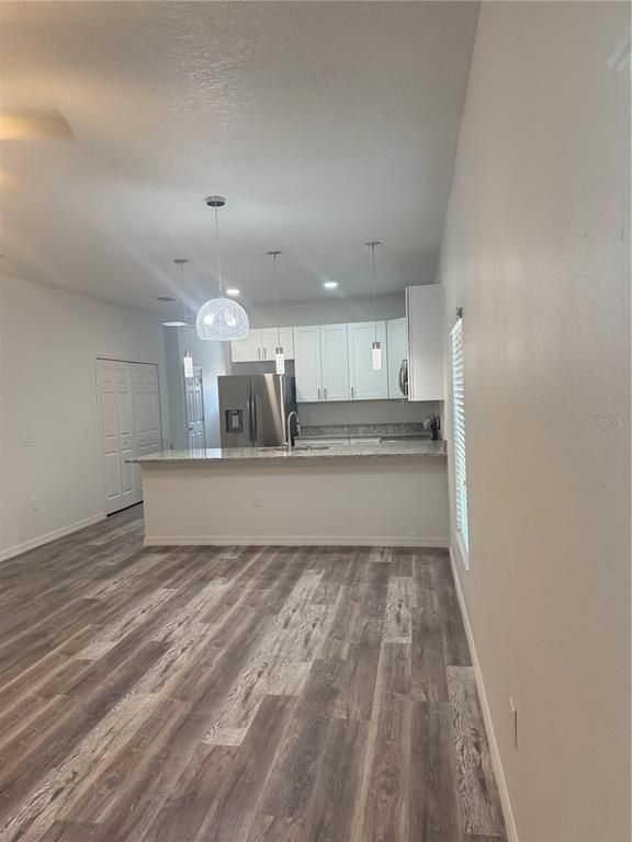 Interior, Kitchen, Pendant Lights, Stainless Steel Appliances, Wood Texture Flooring