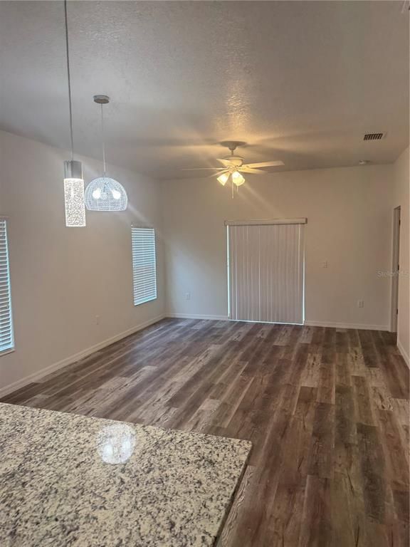 Empty room, Interior, Pendant Lights, Wood Texture Flooring