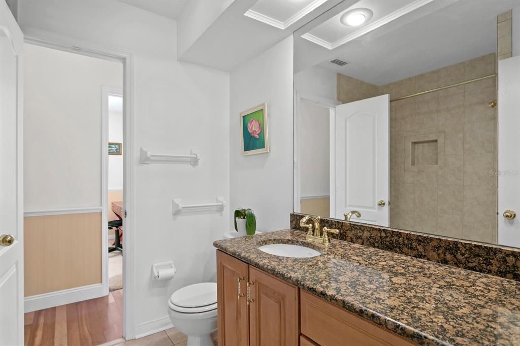 Bathroom, Glass Shower, Interior, Recessed Lighting, Wood Texture Flooring