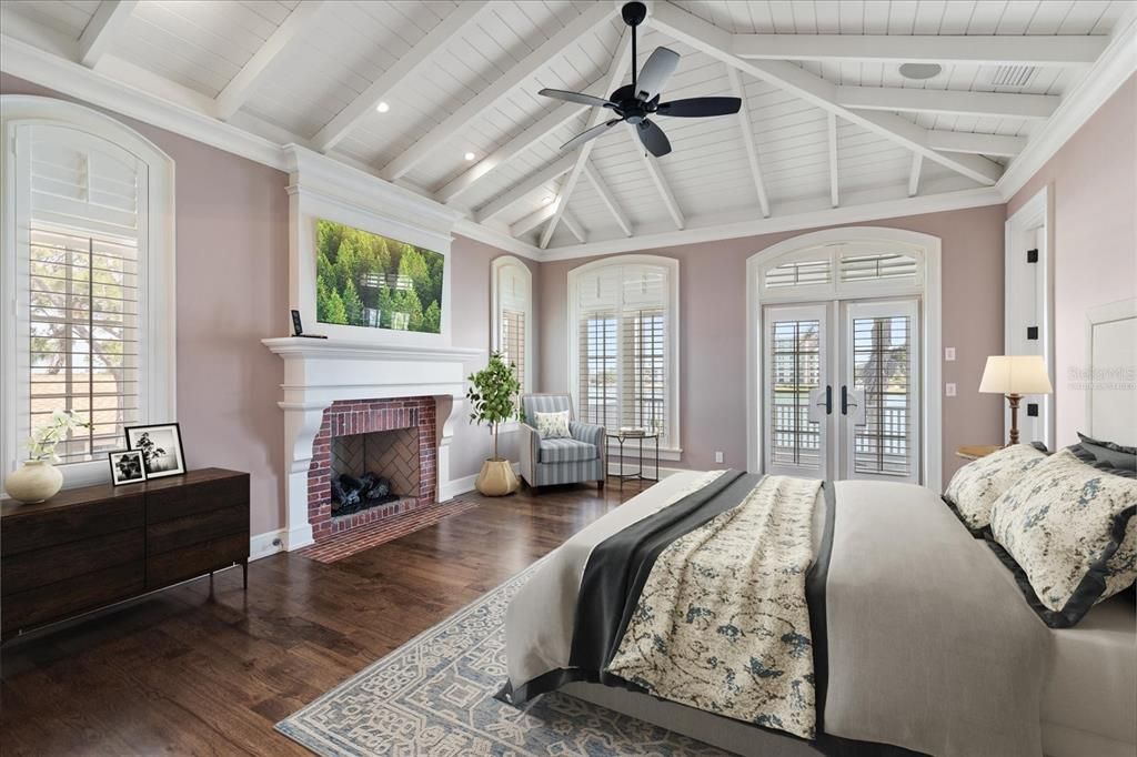 Bedroom, Fireplace, Interior, Recessed Lighting, Wood Texture Flooring