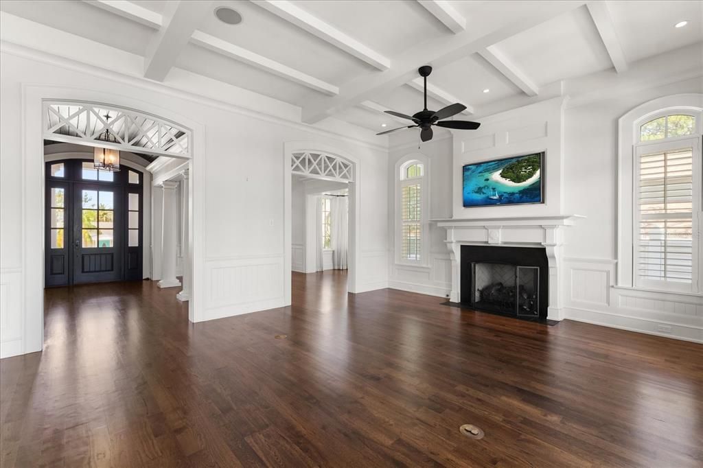 Empty room, Fireplace, Interior, Recessed Lighting, Wood Texture Flooring
