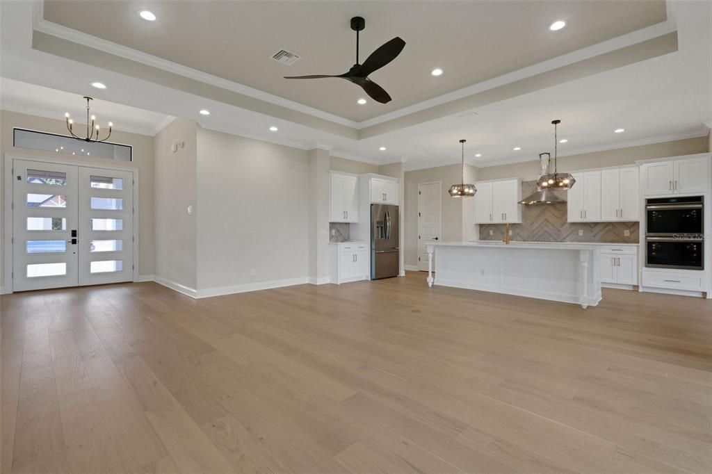 Chandelier, Interior, Kitchen, Pendant Lights, Recessed Lighting, Wood Texture Flooring