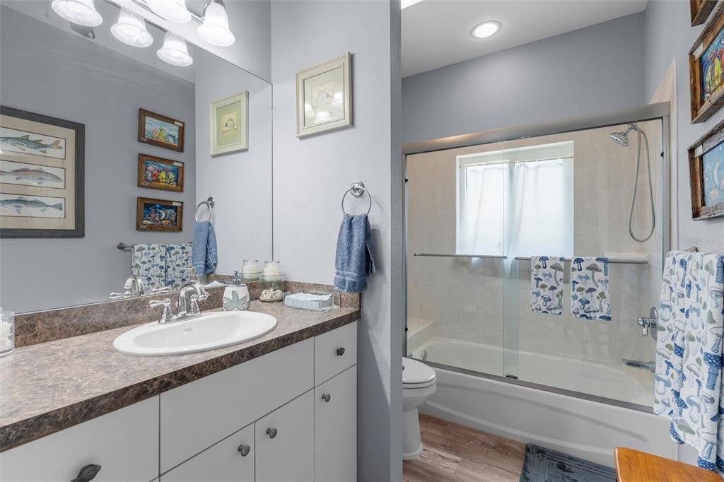 Bathroom, Glass Shower, Interior, Recessed Lighting, Wood Texture Flooring