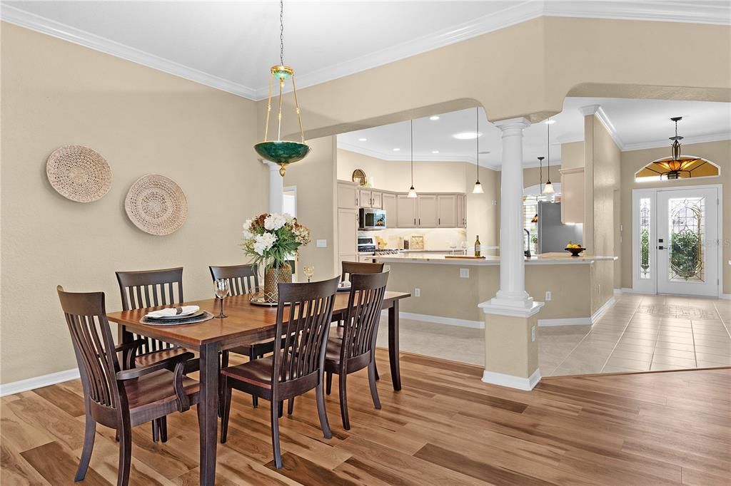 Dining room, Interior, Kitchen, Pendant Lights, Recessed Lighting, Wood Texture Flooring