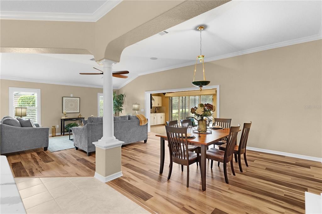 Dining room, Interior, Living room, Pendant Lights, Wood Texture Flooring