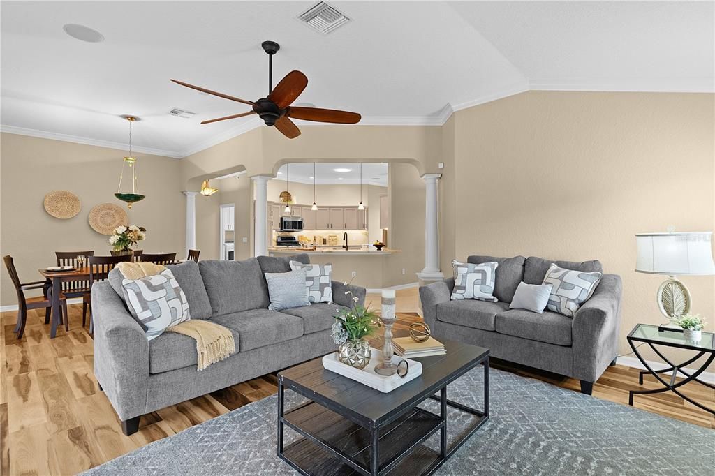 Dining room, Interior, Kitchen, Living room, Pendant Lights, Recessed Lighting, Wood Texture Flooring