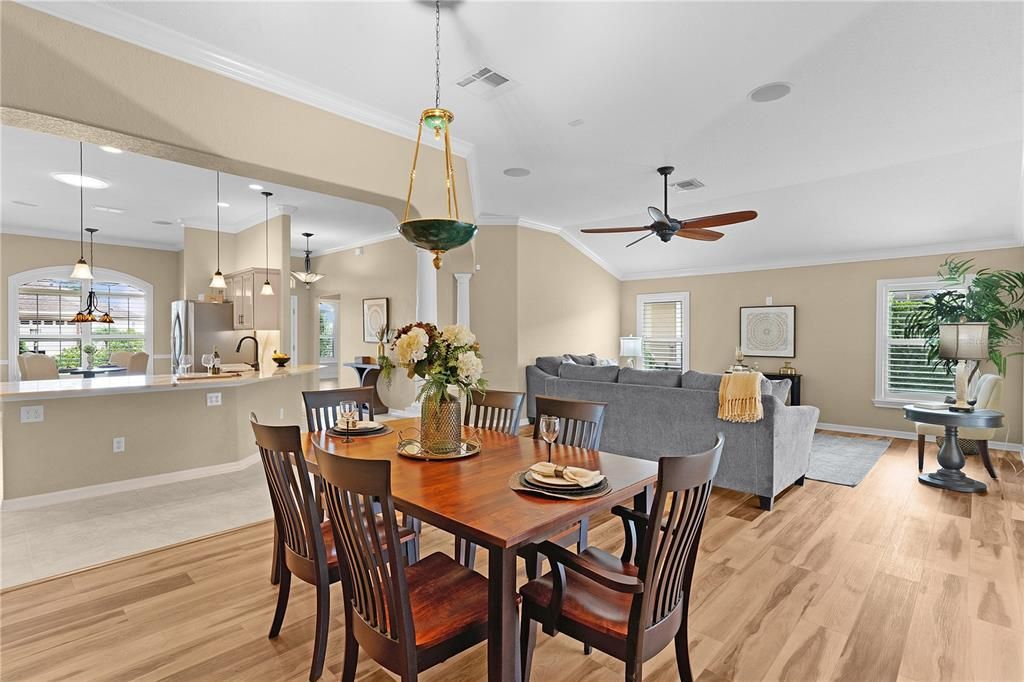 Dining room, Interior, Kitchen, Living room, Pendant Lights, Recessed Lighting, Wood Texture Flooring