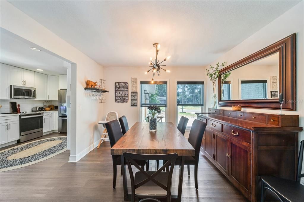 Dining room, Interior, Kitchen, Pendant Lights, Recessed Lighting, Wood Texture Flooring