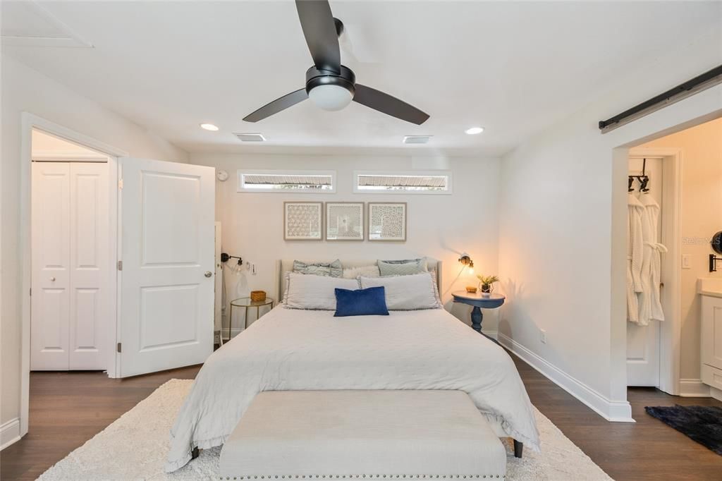 Bedroom, Interior, Recessed Lighting, Wood Texture Flooring
