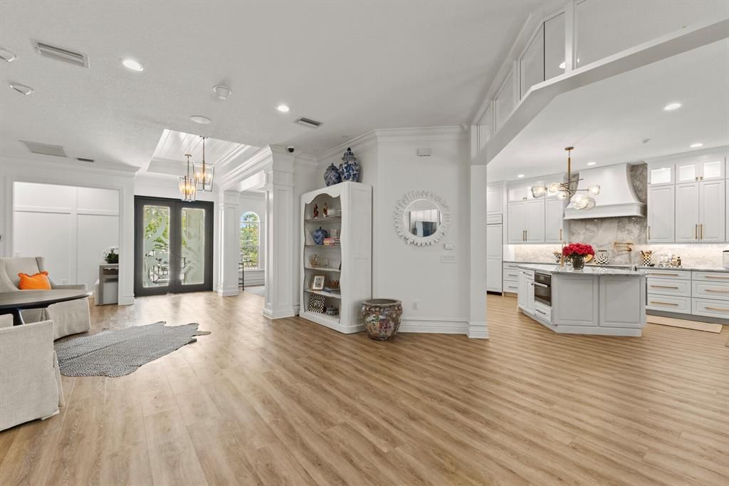 Chandelier, Interior, Kitchen, Pendant Lights, Recessed Lighting, Wood Texture Flooring