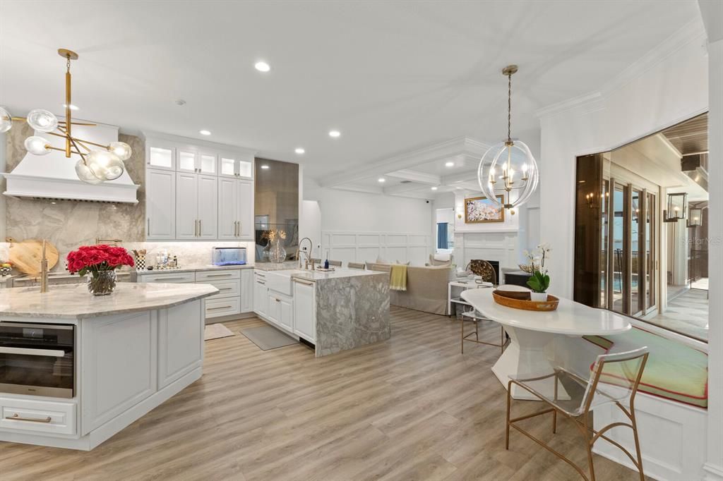 Fireplace, Interior, Kitchen, Living room, Pendant Lights, Recessed Lighting, Wood Texture Flooring