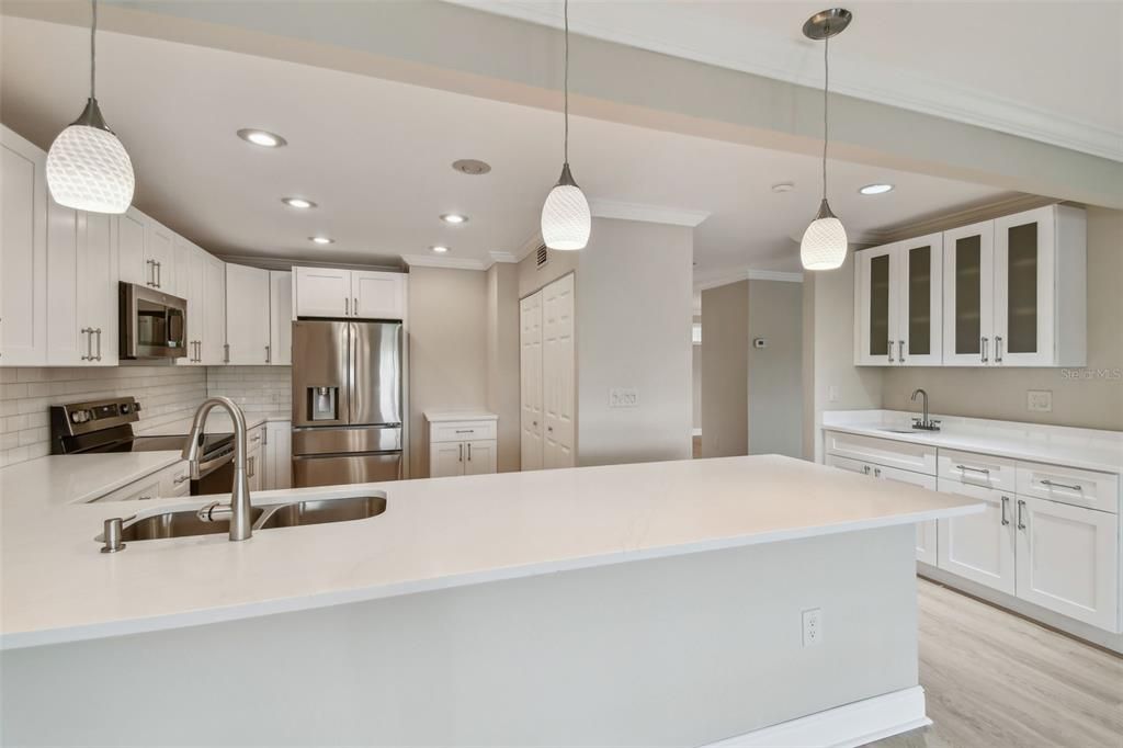Interior, Kitchen, Pendant Lights, Recessed Lighting, Stainless Steel Appliances, Wood Texture Flooring
