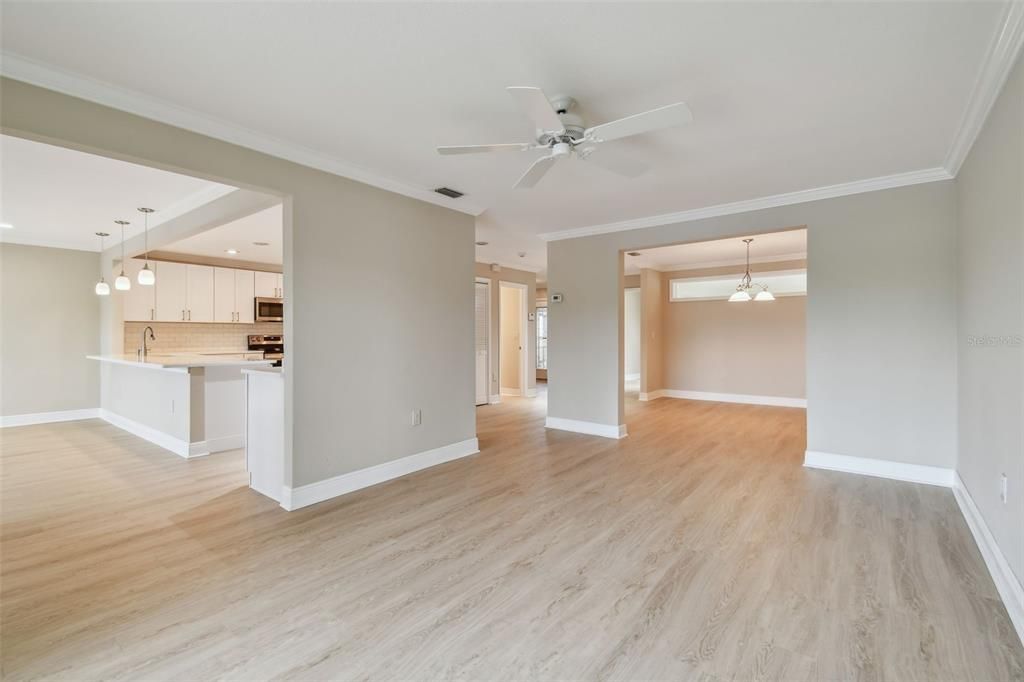 Empty room, Interior, Kitchen, Pendant Lights, Recessed Lighting, Wood Texture Flooring