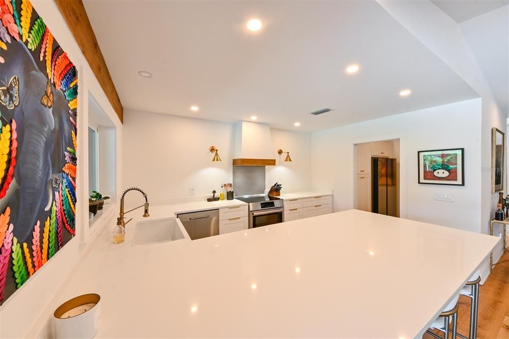 Interior, Kitchen, Recessed Lighting, Stainless Steel Appliances, Wooden Beams, Wood Texture Flooring