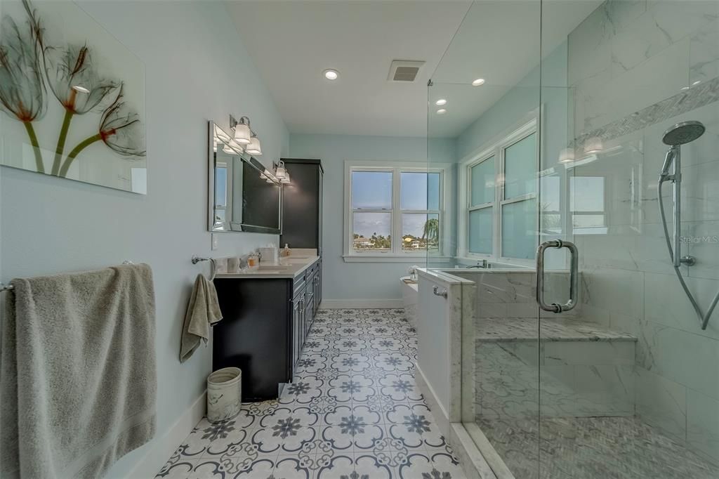Bathroom, Glass Shower, Interior, Marble Walls, Recessed Lighting