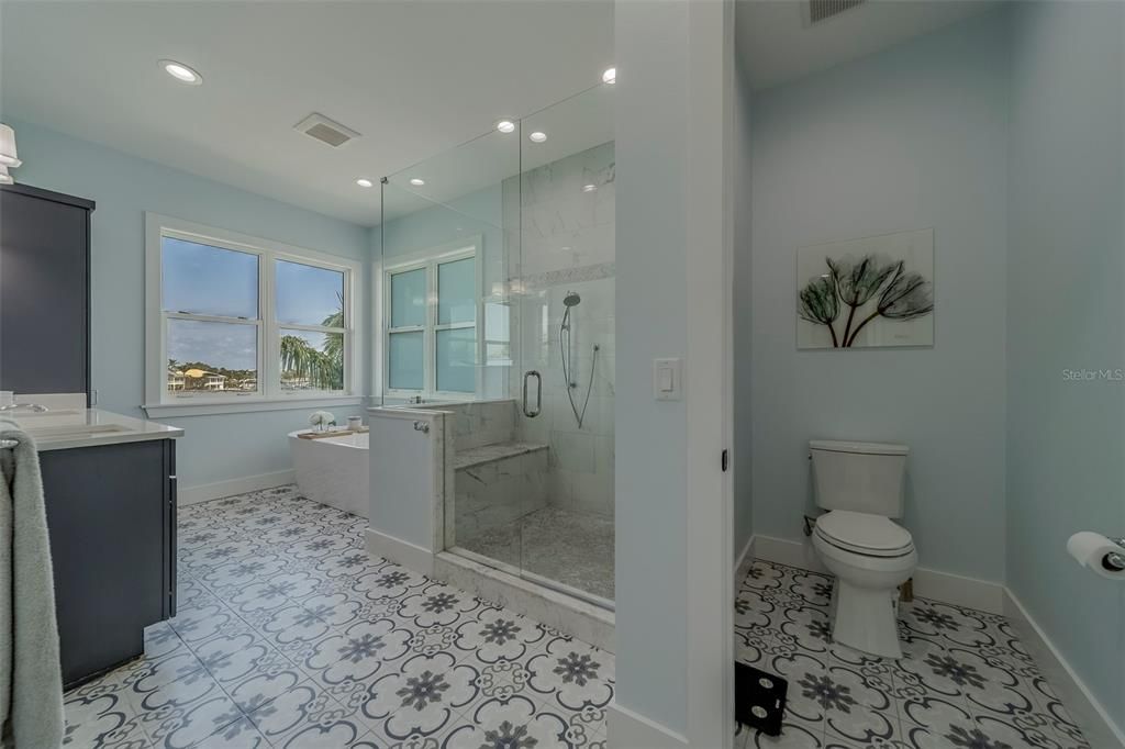 Bathroom, Glass Shower, Interior, Marble Walls, Recessed Lighting