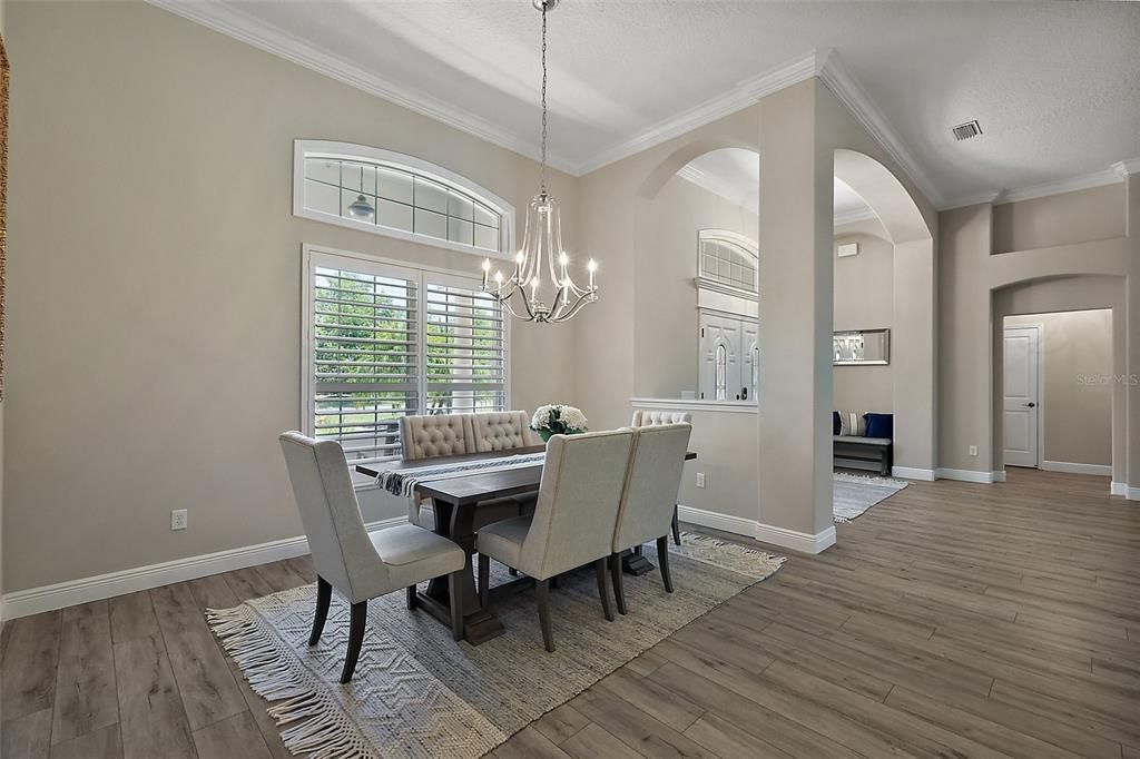 Chandelier, Dining room, Interior, Pendant Lights, Wood Texture Flooring