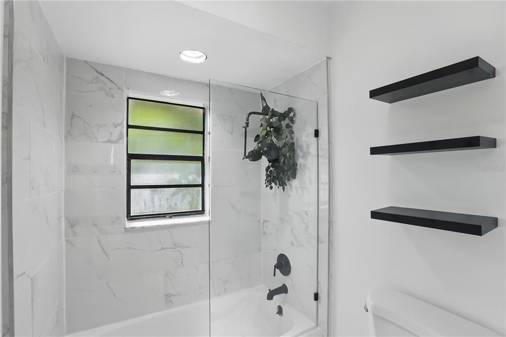 Bathroom, Glass Shower, Interior, Marble Walls, Recessed Lighting