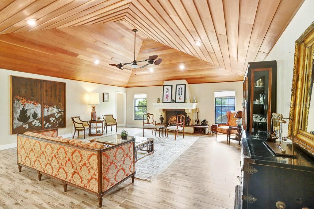 Fireplace, Interior, Living room, Recessed Lighting, Wooden Ceilings, Wood Texture Flooring
