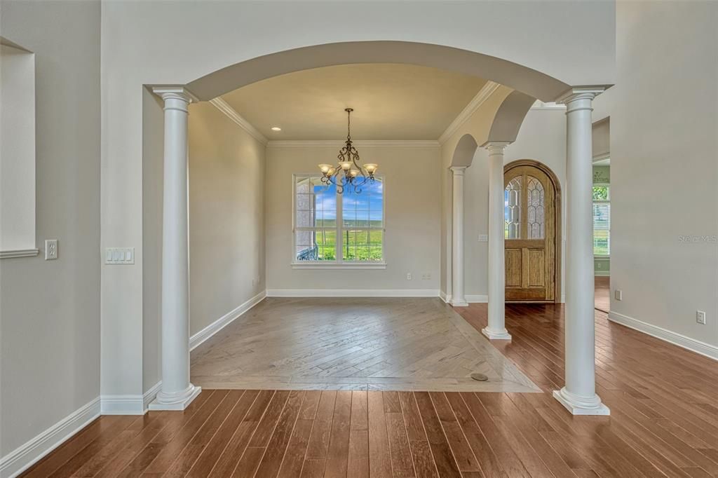 Chandelier, Empty room, Interior, Recessed Lighting, Wood Texture Flooring