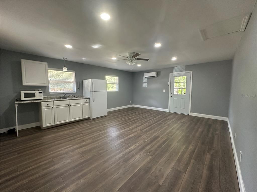 Empty room, Interior, Kitchen, Recessed Lighting, Wood Texture Flooring