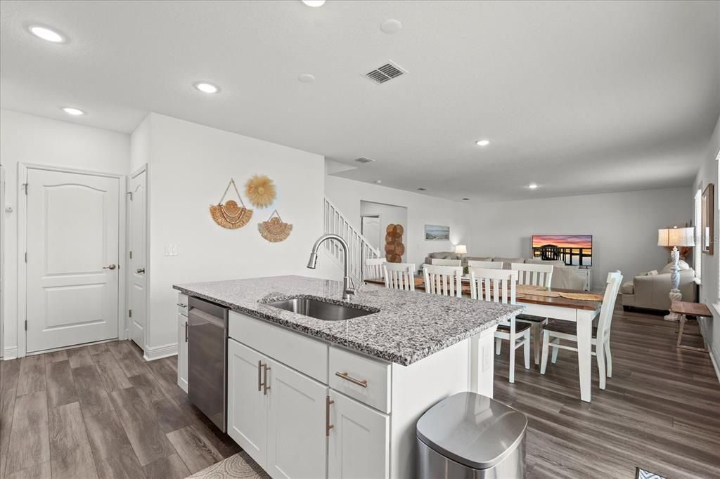 Dining room, Interior, Kitchen, Recessed Lighting, Wood Texture Flooring