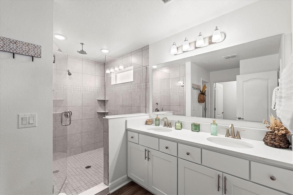 Bathroom, Dual Sink Vanities, Glass Shower, Interior, Recessed Lighting