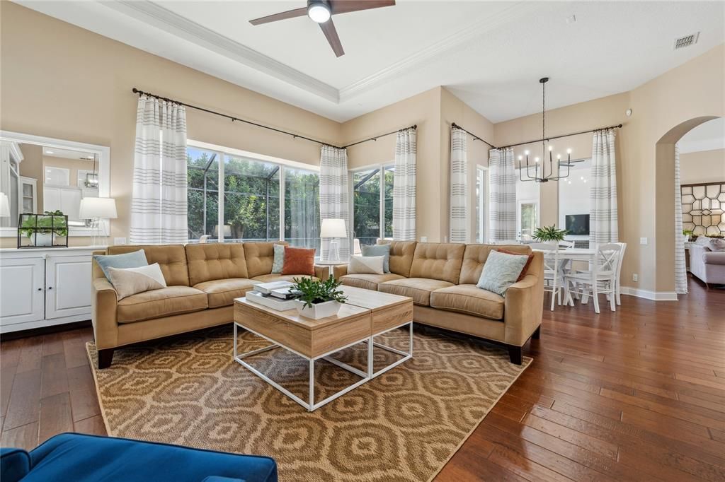 Dining room, Interior, Living room, Pendant Lights, Wood Texture Flooring