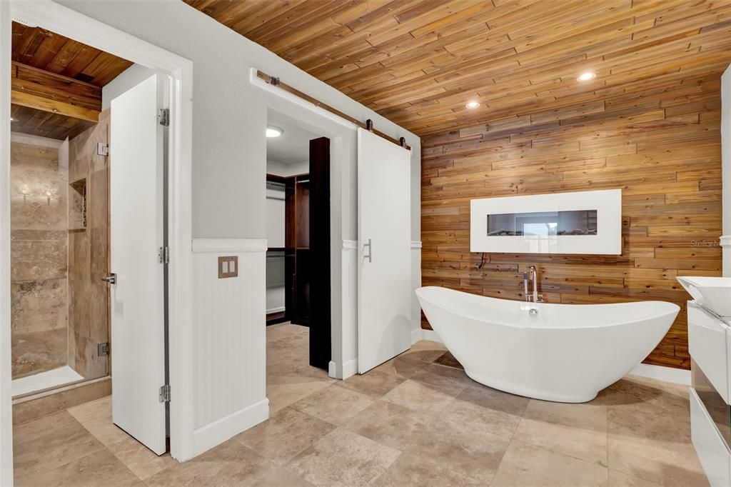Bathroom, Free Standing Baths, Glass Shower, Interior, Recessed Lighting, Wooden Ceilings, Wooden Walls