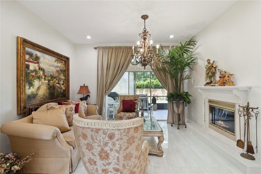 Chandelier, Fireplace, Interior, Living room, Recessed Lighting