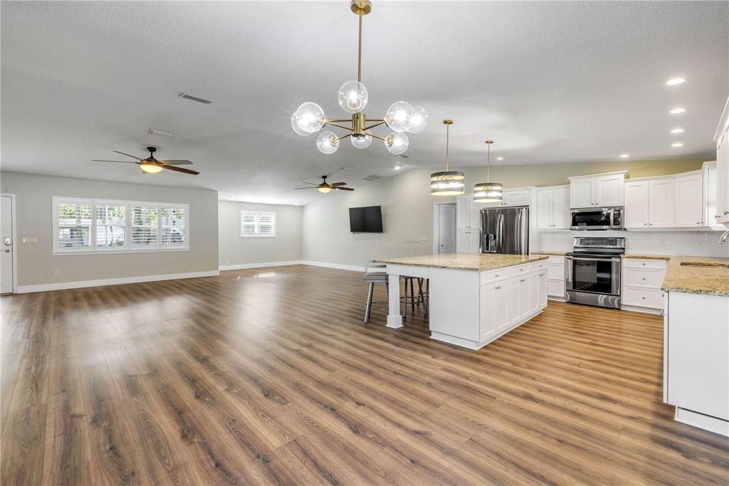 Empty room, Interior, Kitchen, Pendant Lights, Recessed Lighting, Stainless Steel Appliances, Wood Texture Flooring