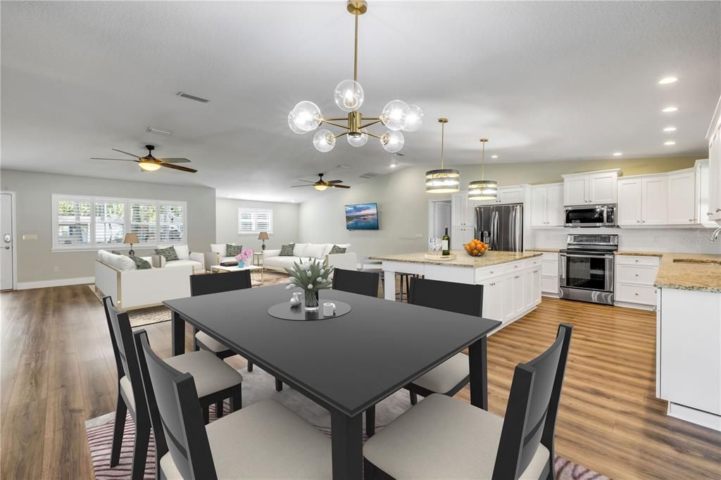 Dining room, Interior, Kitchen, Living room, Pendant Lights, Recessed Lighting, Stainless Steel Appliances, Wood Texture Flooring